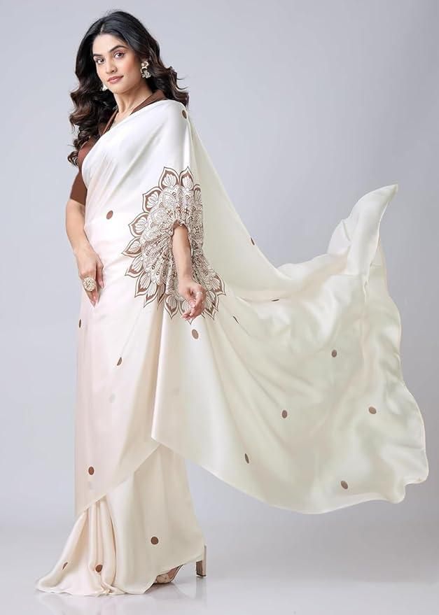 Elegant Printed Satin Silk Kaftan Saree & Unstitched Blouse Set
