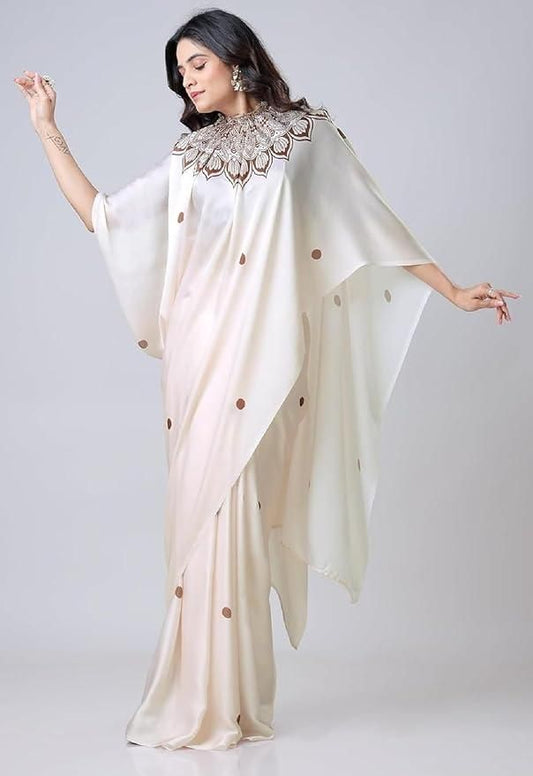 Elegant Printed Satin Silk Kaftan Saree & Unstitched Blouse Set